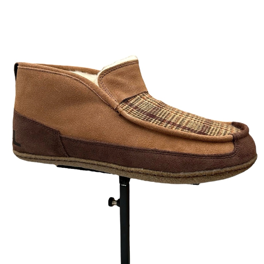 SOREL Mens Manawan Suede Slippers Size 8 Brown Plaid Faux Fur Indoors & Outdoors